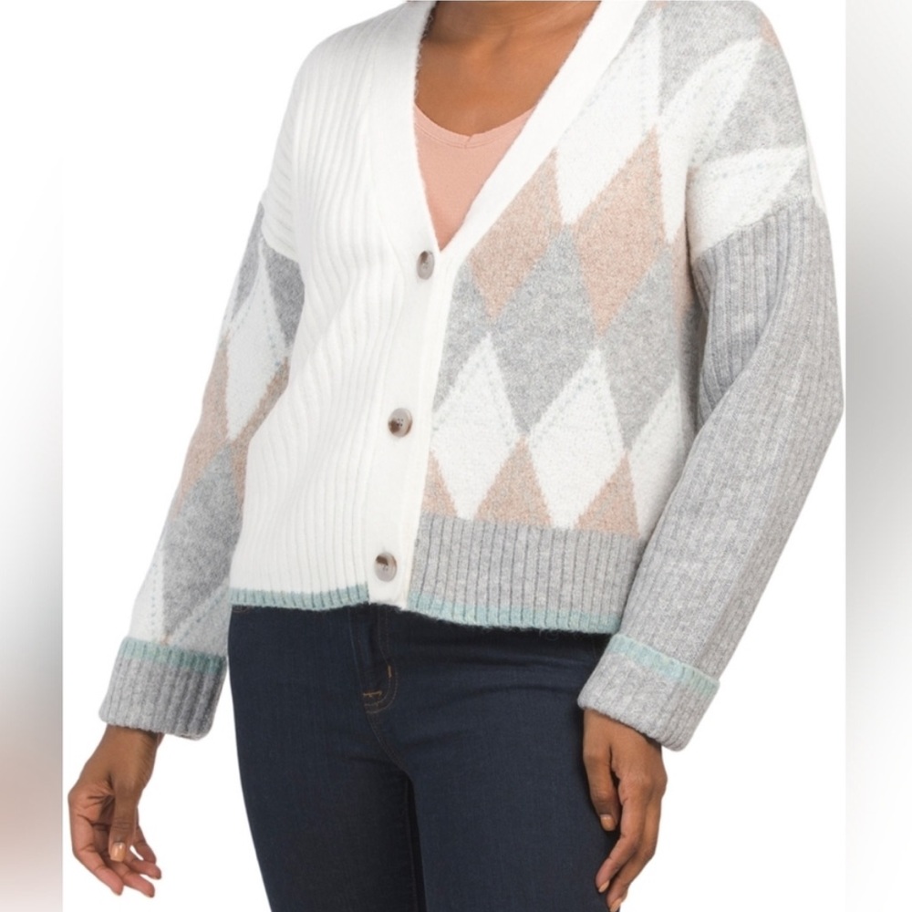 NWT Rachel Zoe Argyle Cardigan in Ivory, Gray and Tan, Size XSmall